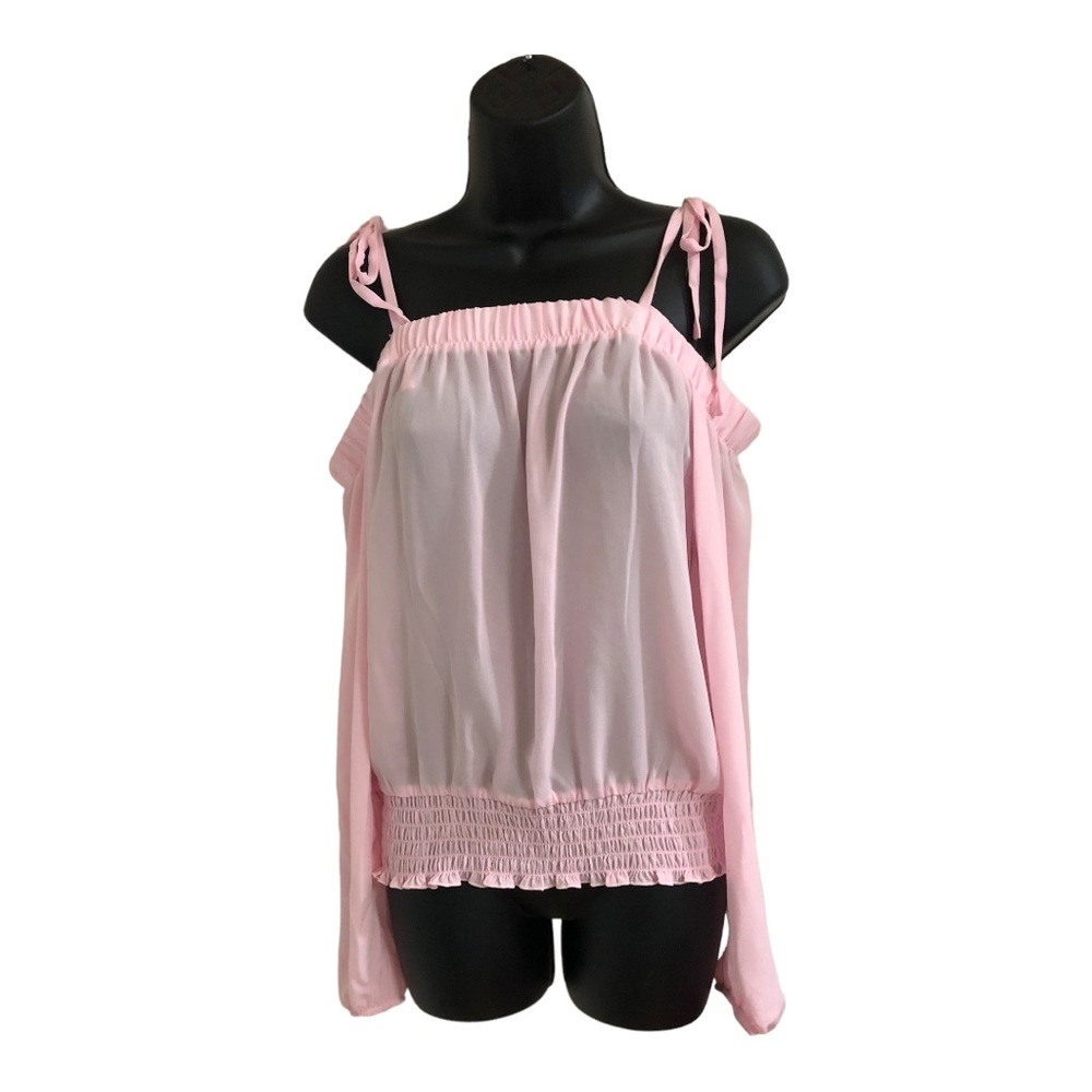 Pink cold shoulder‎ sheer long sleeve smocked cuff waist blouse top size medium
